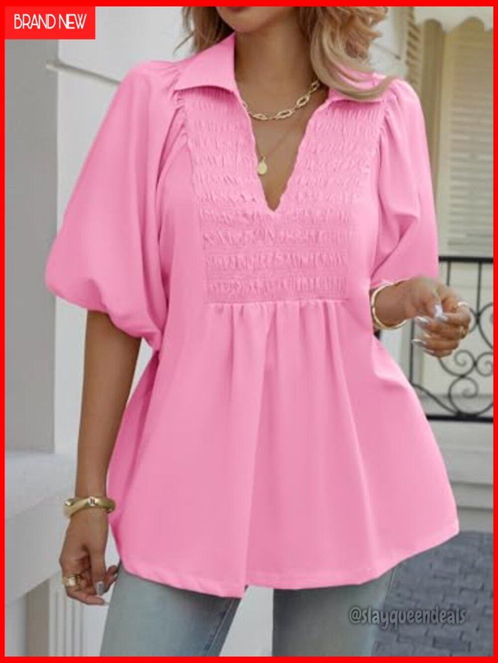 Smocked V Neck Babydoll Peplum Blouse Puff Sleeve Loose Fit Top - Picture 5 of 7